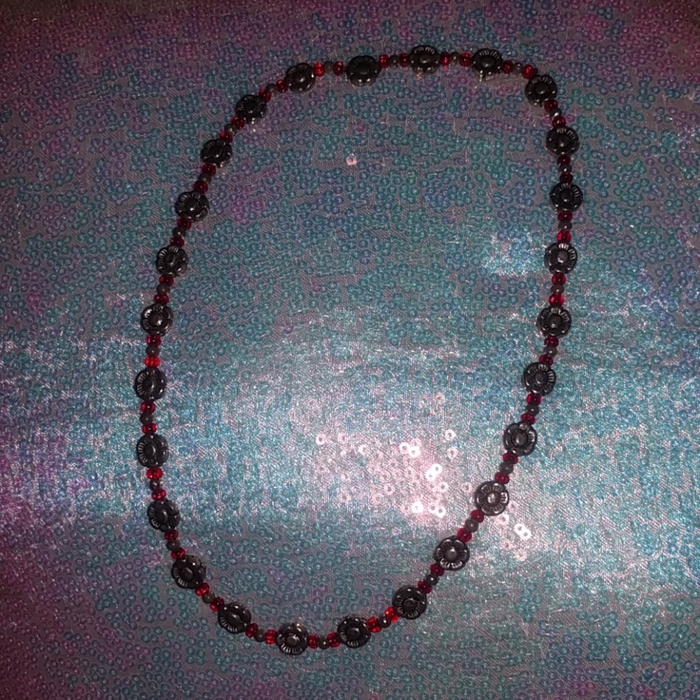 PRETTY RED,SILVER BEADS&SILVER FLOWERS ON IT